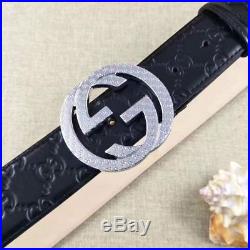 Men Gucci GG Monogram Black Leather Belt Silver Buckle 100-110cm Pants35-42 NWT
