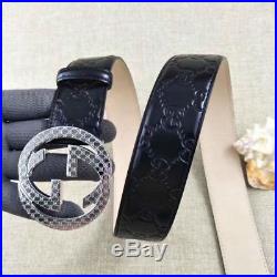 Men Gucci GG Monogram Black Leather Belt Silver Buckle 100-110cm Pants35-42 NWT