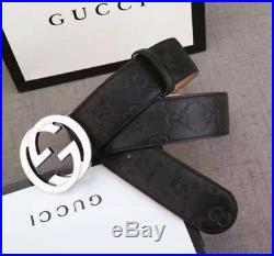 Men Gucci GG Monogram Black Leather Belt Silver Buckle 110cm Pants40-42 NWT