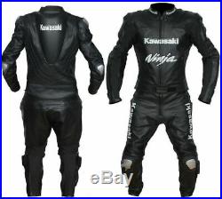 Men Handmade Kawasaki Ninja Black Racing Motorcycle Leather Suit Jacket pant