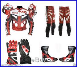 Men Handmade Red Motorcycle SUIT Leather Jacket Pants Boots Gloves For Yamaha R1