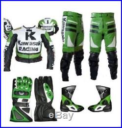 Men Kawasaki Black Green Leather SUIT Jacket PANTS Gloves Boots Safety Hump Size