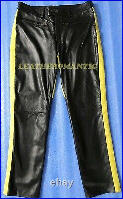 Men Leather Pant Genuine Leather Gay Black Bluf Yellow Sides Zipper Four Pocket