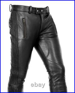 Men Leather Pants with Zipper Sheep/Lambskin Leather Biker Trouser