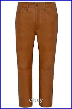 Men Leather Trousers TAN Fashion Casual Wear Jean Style Real Leather Pants 501