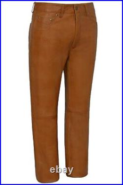 Men Leather Trousers TAN Fashion Casual Wear Jean Style Real Leather Pants 501