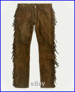 Men Native American Brown Suede Leather Pants With Fringes