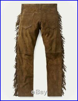 Men Native American Brown Suede Leather Pants With Fringes