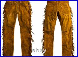 Men Native American Western Buckskin Ragged Leather Hippie Pants Mountain Man