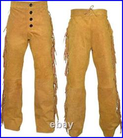Men Native American Western Buckskin Ragged Leather Suede Pants Mountain Man