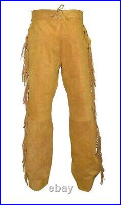 Men Native American Western Buckskin Ragged Leather Suede Pants Mountain Man