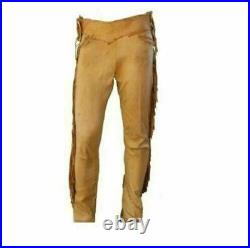 Men Native American Western Soft Buckskin Buffalo Ragged Leather Pants