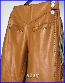 Men Natives American Western Trousers Cowboy Tan Real Leather Pants
