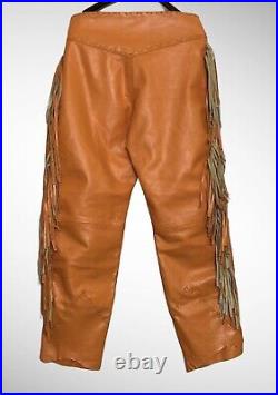 Men Natives American Western Trousers Cowboy Tan Real Leather Pants