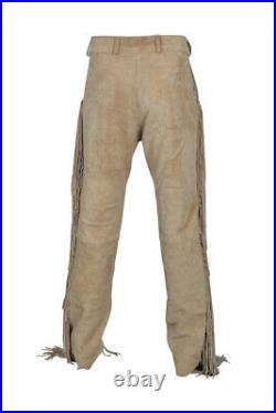 Men Old Style Western wear Cowboy Suede Leather Fringes Long Beaded Pants PLB03