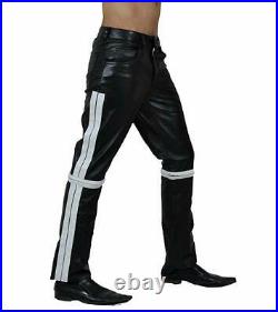 Men Real Black Cow Leather Police Style Bikers Jeans Pants Trousers