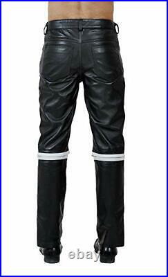 Men Real Black Cow Leather Police Style Bikers Jeans Pants Trousers