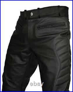 Men Real Black Leather Motorcycle Bikers Pants Jeans Trousers