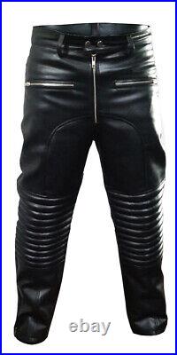 Men Real Black Leather Padded Motorcycle Bikers Pants Jeans Trousers