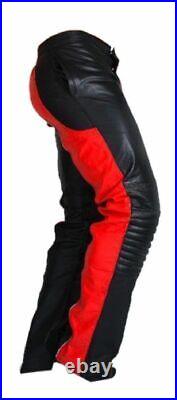 Men Real Black & Red Leather Motorcycle Bikers Pants Jeans Trousers
