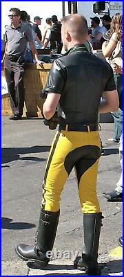 Men Real Cow Custom made Leather Pants Yellow Bluf Black Sides & Saddle Zipper