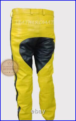 Men Real Cow Custom made Leather Pants Yellow Bluf Black Sides & Saddle Zipper