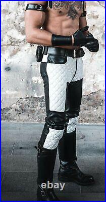 Men Real Leather Bikers Pants Black & White Quilted Panels BLUF Pants