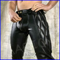 Men Real Leather Bikers Pants Diamond Quilted Panels MADE TO ORDER Leather Pants