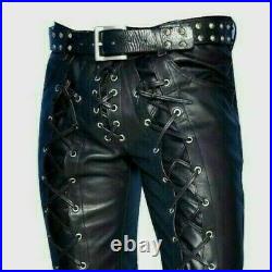Men Real Leather Pant Men's Genuine Leather trouser black front and back lace