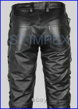 Men Real Leather Pant Men's Genuine Leather trouser black side lace Bluf bottom