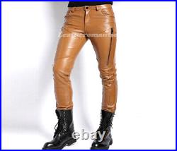 Men Real Leather Pant Trouser Kink Caramel Brown soft Jeans Slim button