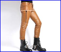 Men Real Leather Pant Trouser Kink Caramel Brown soft Jeans Slim button