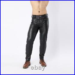 Men Real Leather Quilted Pants with Zipper Sheep/Lambskin Leather Biker Trouser