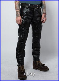 Men Real Quilted Leather Pants with Zipper Sheep/Lambskin Leather Biker Trouser