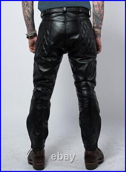 Men Real Quilted Leather Pants with Zipper Sheep/Lambskin Leather Biker Trouser