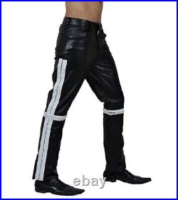 Men Real Sexy Black And White Leather Bikers Jeans Pants BLUF