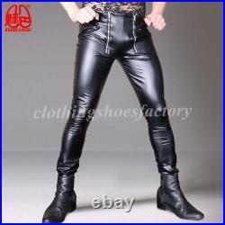 Men Sexy Club Leather Trousers Slim Elastic Stretchy Casual Pants Zip Front Sz