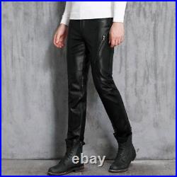 Men Spring Autumn Real Leather Pants Casual Straight Zipper Full Length Trousers