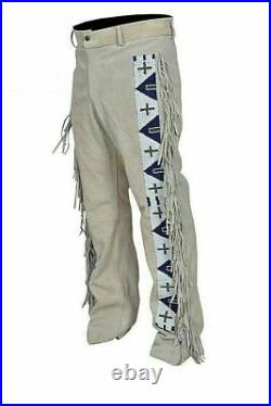 Men Suede Western Style Cowboy Leather Pant With Fringe & Bead Work