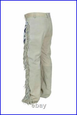 Men Suede Western Style Cowboy Leather Pant With Fringe & Bead Work