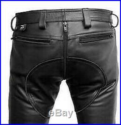 Men handmade leather pants gay double zipper quilted casual party jean trouser