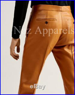 Men handmade vintage western brown leather pants trouser Bisonhide jeans