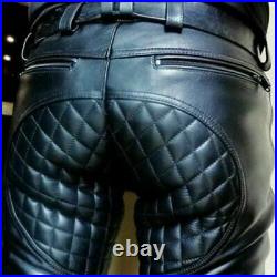 Men's 100% Real Black Leather Pants Quilted Jeans Motorbike Biker Rider Trouser
