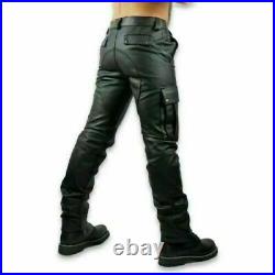 Men's 100% Real Cowhide Black Leather Cargo Biker Pant Trouser Cargo Pockets