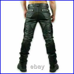 Men's 100% Real Cowhide Black Leather Cargo Biker Pant Trouser Cargo Pockets