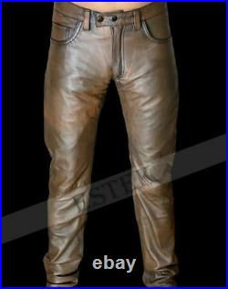 Men's 100% Real Cowhide Brown Waxed Leather Pants Simple Jean Trouser Cuir