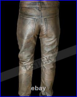 Men's 100% Real Cowhide Brown Waxed Leather Pants Simple Jean Trouser Cuir