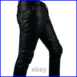 Men's 100% Real Cowhide Leather Pants Casual Slim Fit Trousers Biker Pants