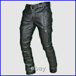 Men's 100%Real Leather Cargo Pants 100% Original Genuine Cowhide Leather Pant
