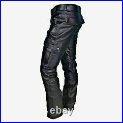 Men's 100%Real Leather Cargo Pants 100% Original Genuine Cowhide Leather Pant
